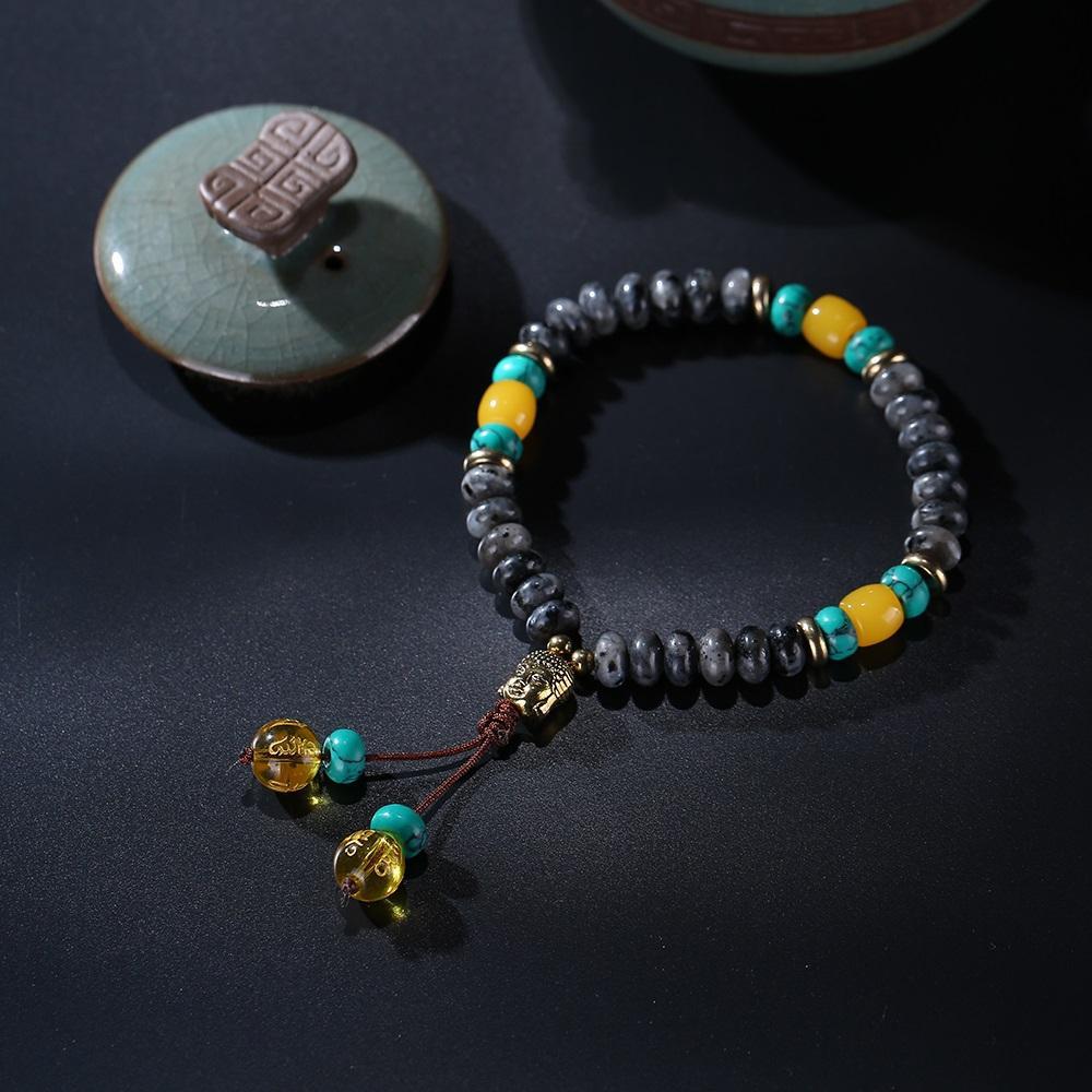 Flat Natural Lapis Lazuli Stone With 6 Syllable Mantra Tassel and Buddha Head Charm Mala Bracelet