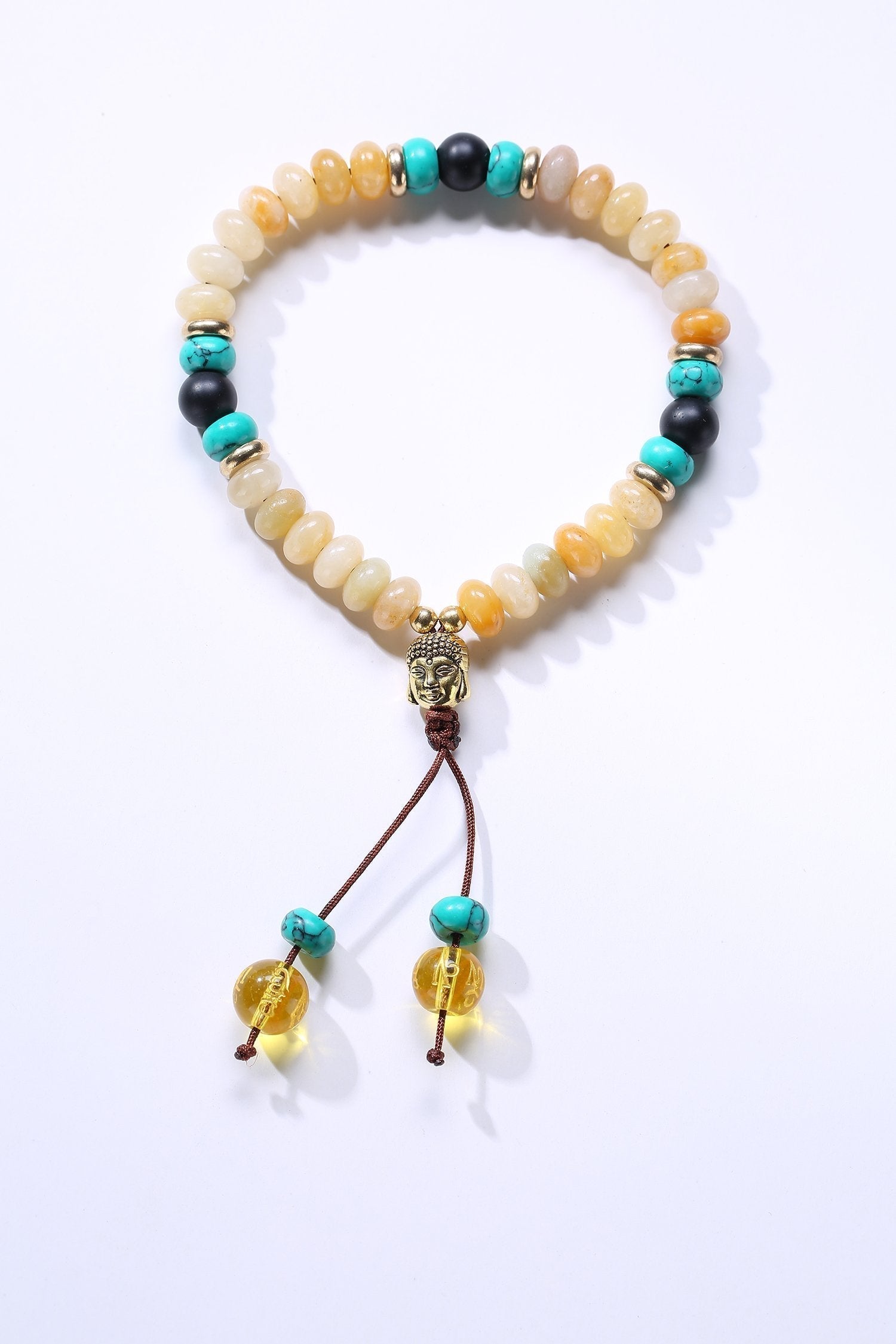 Flat Natural Lapis Lazuli Stone With 6 Syllable Mantra Tassel and Buddha Head Charm Mala Bracelet