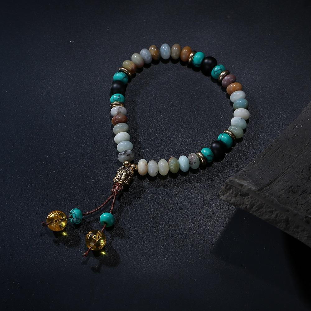 Flat Natural Lapis Lazuli Stone With 6 Syllable Mantra Tassel and Buddha Head Charm Mala Bracelet