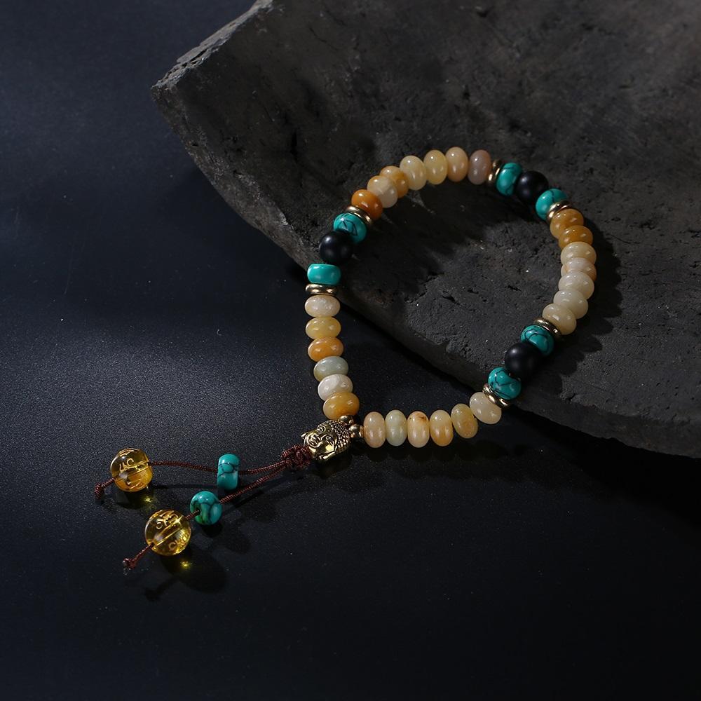 Flat Natural Lapis Lazuli Stone With 6 Syllable Mantra Tassel and Buddha Head Charm Mala Bracelet