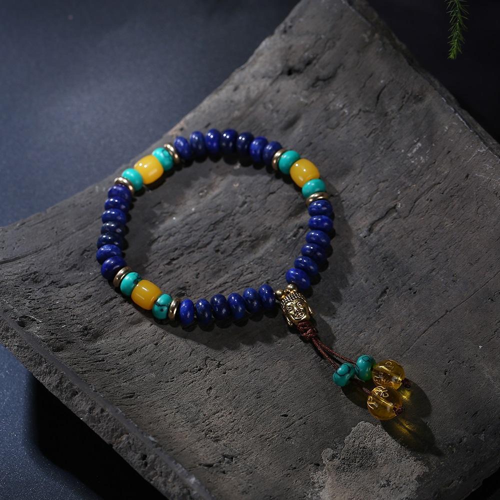 Flat Natural Lapis Lazuli Stone With 6 Syllable Mantra Tassel and Buddha Head Charm Mala Bracelet