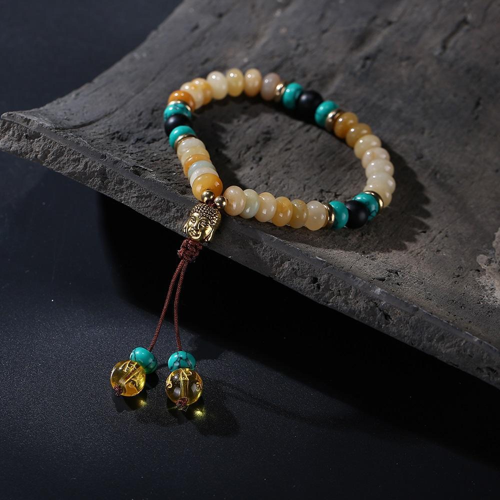 Flat Natural Lapis Lazuli Stone With 6 Syllable Mantra Tassel and Buddha Head Charm Mala Bracelet