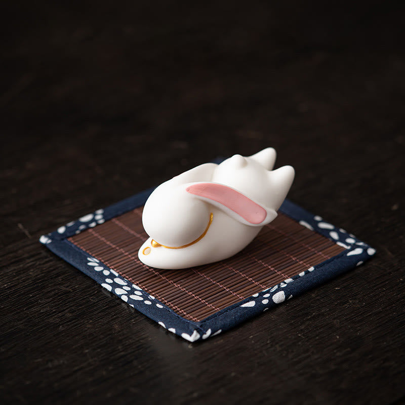 Flying Rabbit Bamboo Mat Ceramic Incense Burner for Prosperity