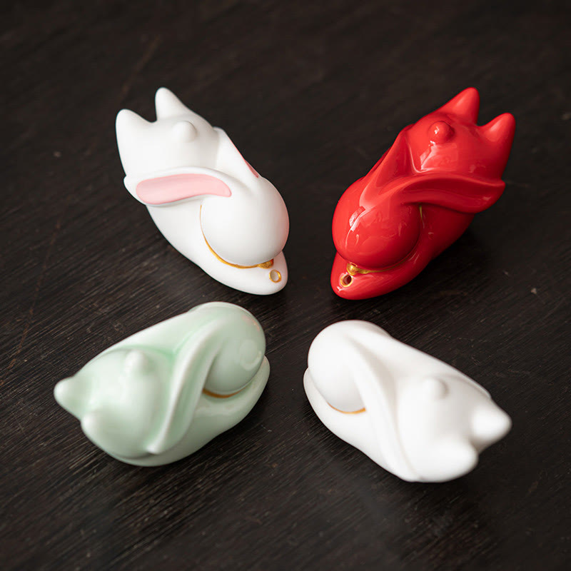 Flying Rabbit Bamboo Mat Ceramic Incense Burner for Prosperity