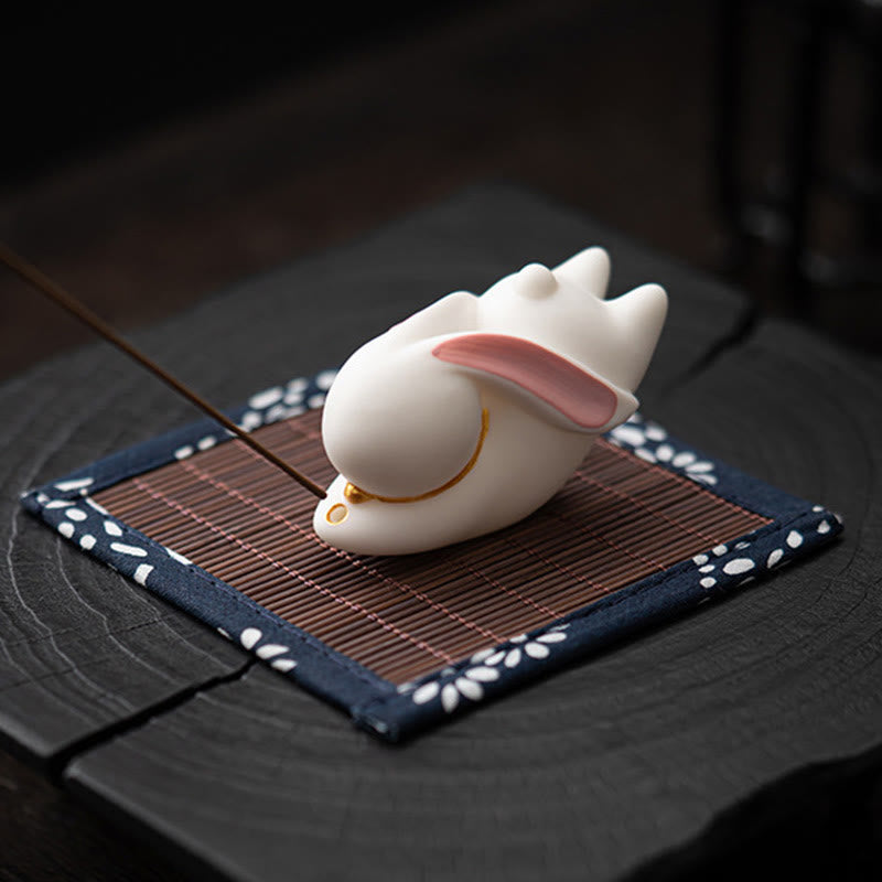 Flying Rabbit Bamboo Mat Ceramic Incense Burner for Prosperity