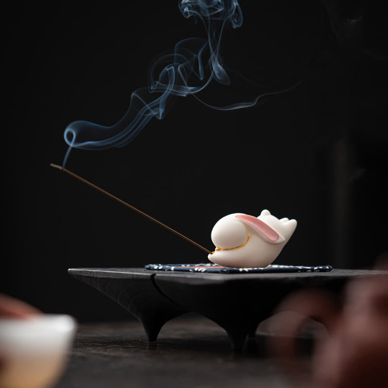 Flying Rabbit Bamboo Mat Ceramic Incense Burner for Prosperity