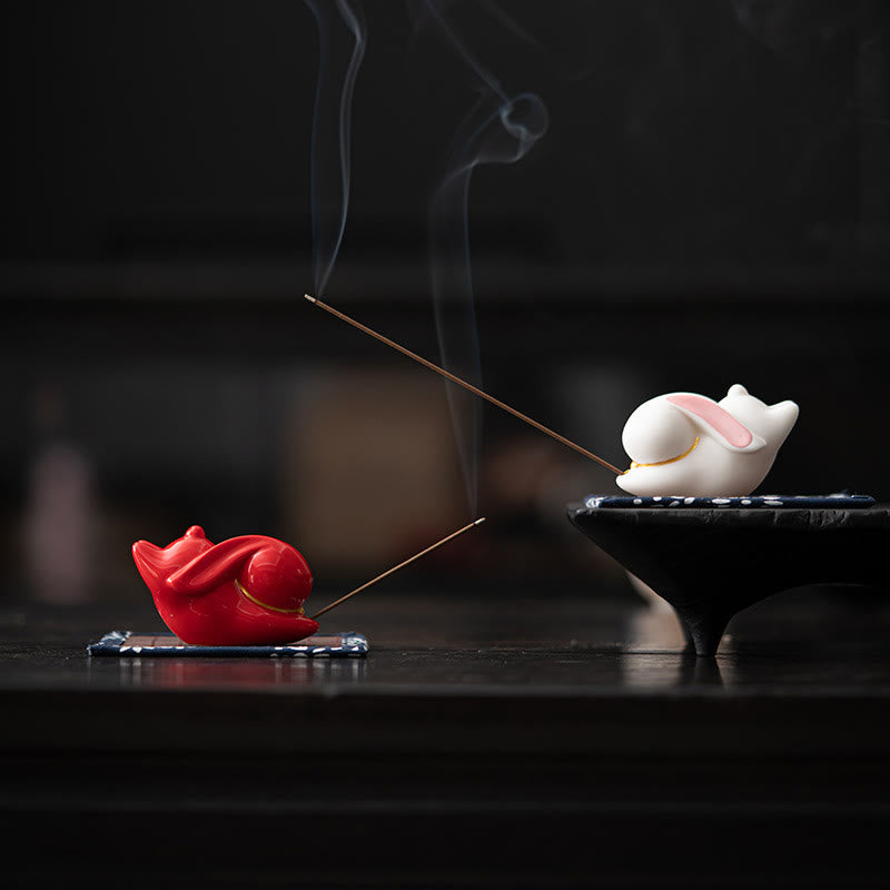 Flying Rabbit Bamboo Mat Ceramic Incense Burner for Prosperity