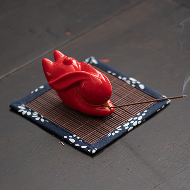 Flying Rabbit Bamboo Mat Ceramic Incense Burner for Prosperity