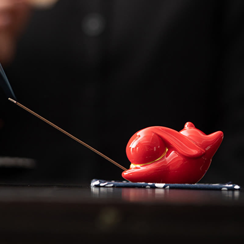Flying Rabbit Bamboo Mat Ceramic Incense Burner for Prosperity