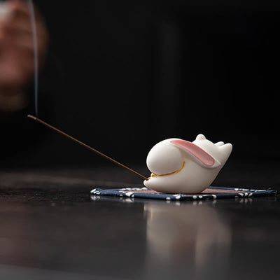 Flying Rabbit Bamboo Mat Ceramic Incense Burner for Prosperity