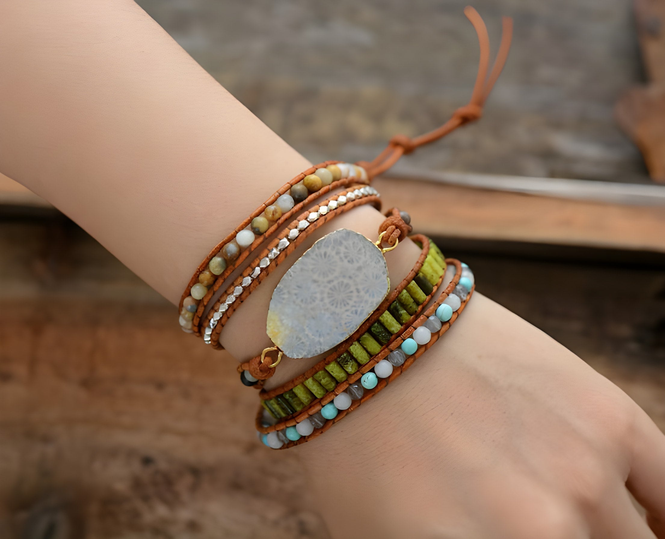 Fossil Coral Stone Multi Wrap Bracelet