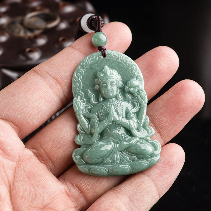 Four-Armed Avalokitesvara Jade Amulet Necklace for Blessings