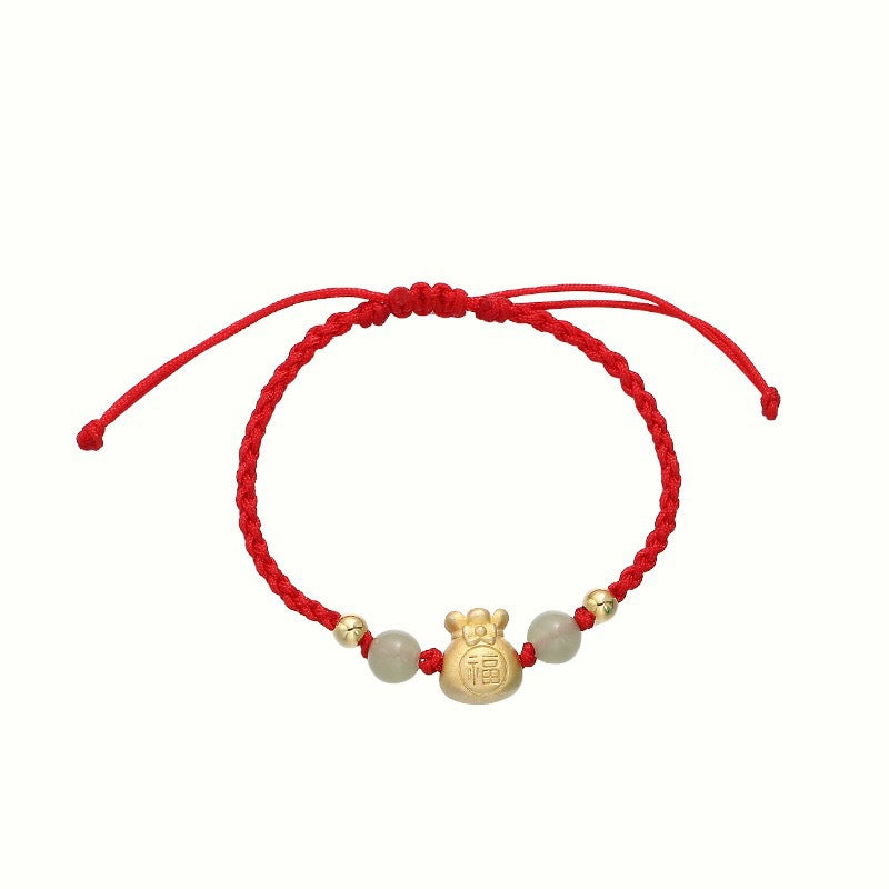Fu Character Lucky Jade Bead Braided Unisex Bracelet