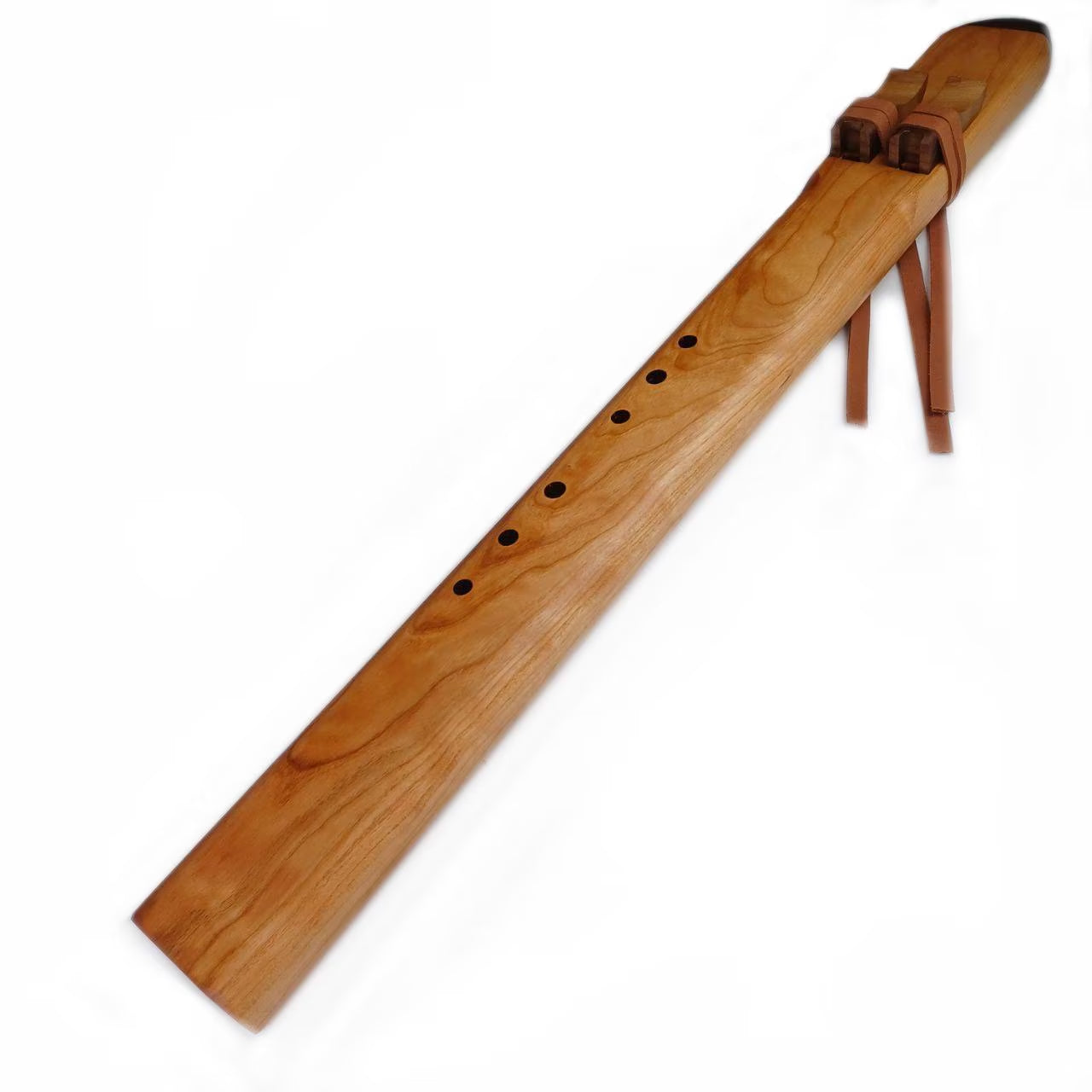 Handmade Wooden Native American Flute with Finger Holes and Carved Details in Cherry