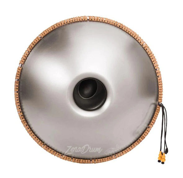 Circular metallic G Minor 9-Note Handpan Drum with cork rim and central hole for sale