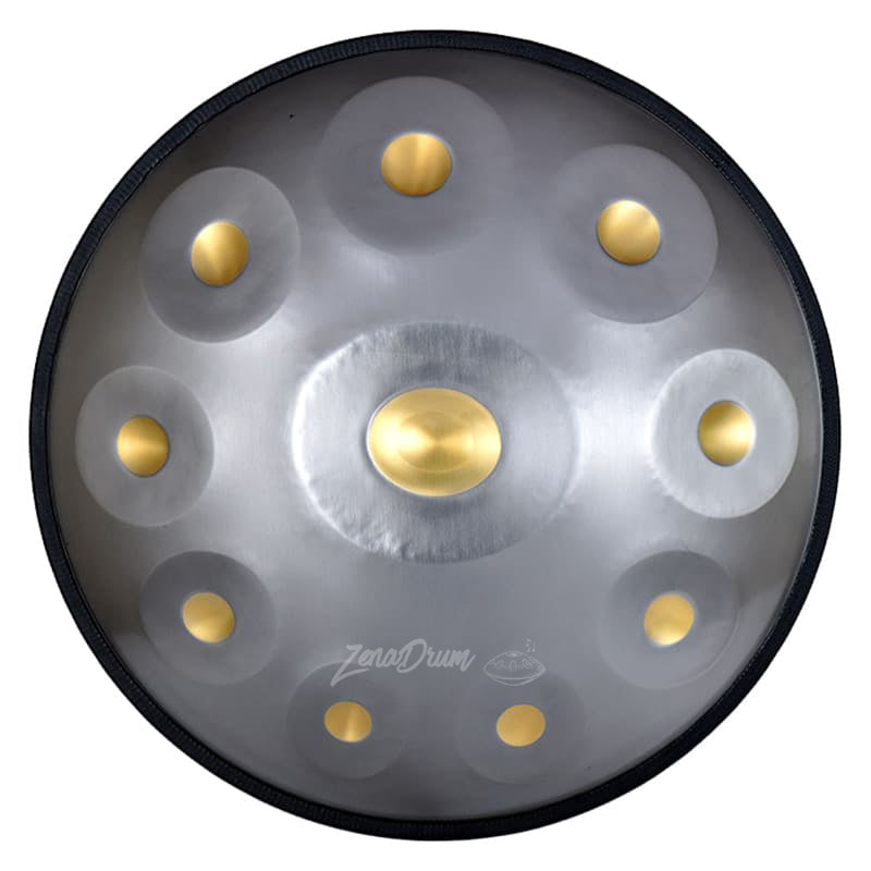 Metallic G Minor Kurd Handpan Drum with golden tone fields in circular pattern