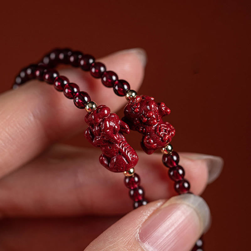 Garnet Cinnabar Pixiu Bracelet for Calm and Blessings