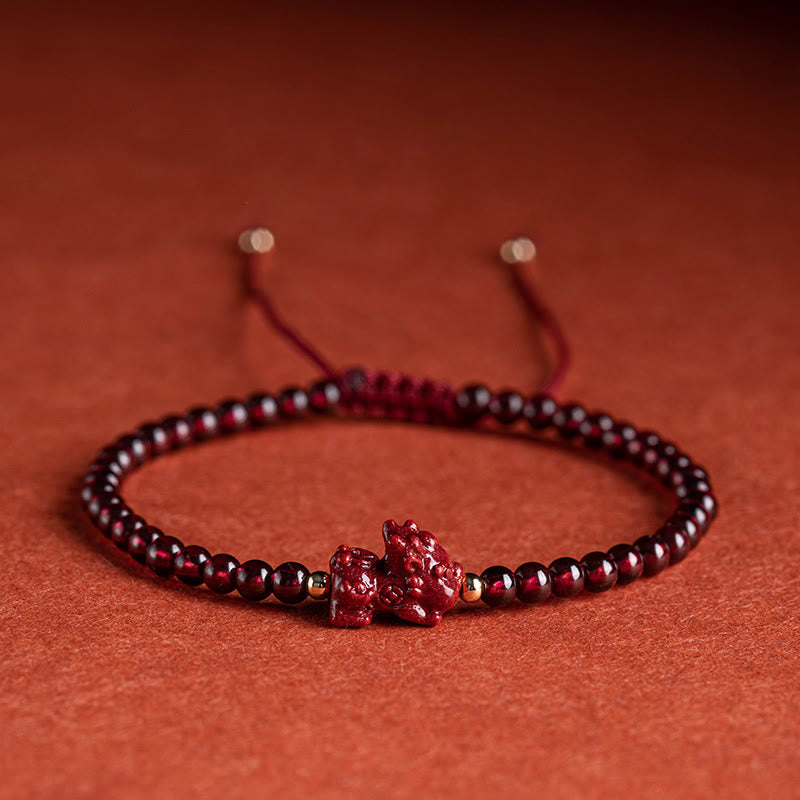 Garnet Cinnabar Pixiu Bracelet for Calm and Blessings