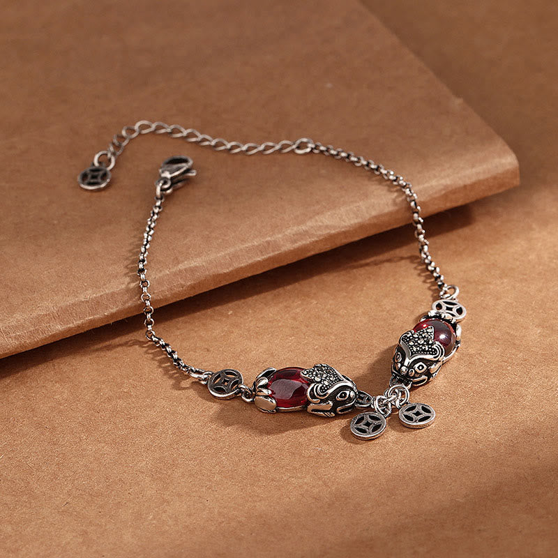 Garnet Protection Bracelet with Double PiXiu Copper Coin Chain