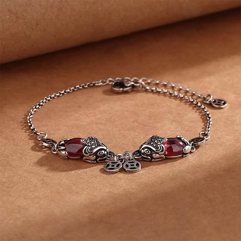 Garnet Protection Bracelet with Double PiXiu Copper Coin Chain