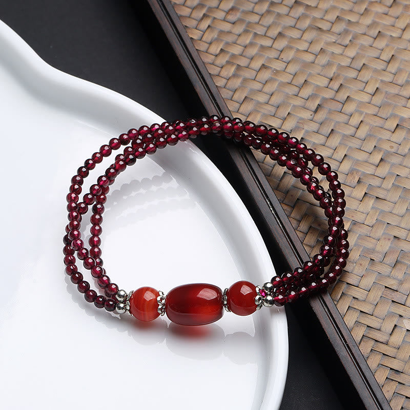 Garnet Red Agate Protection Triple Layer Bracelet