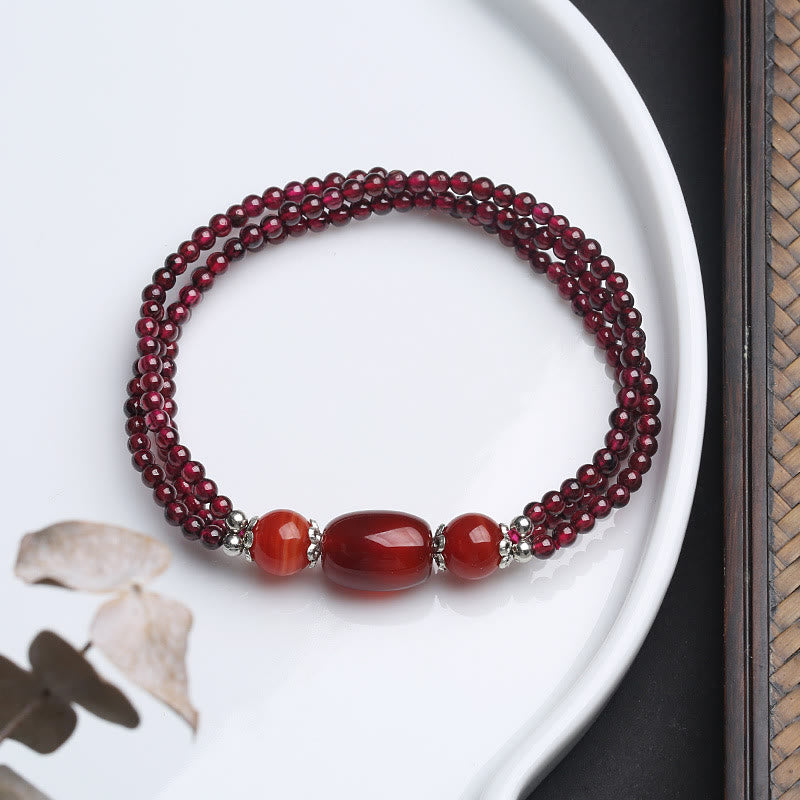 Garnet Red Agate Protection Triple Layer Bracelet