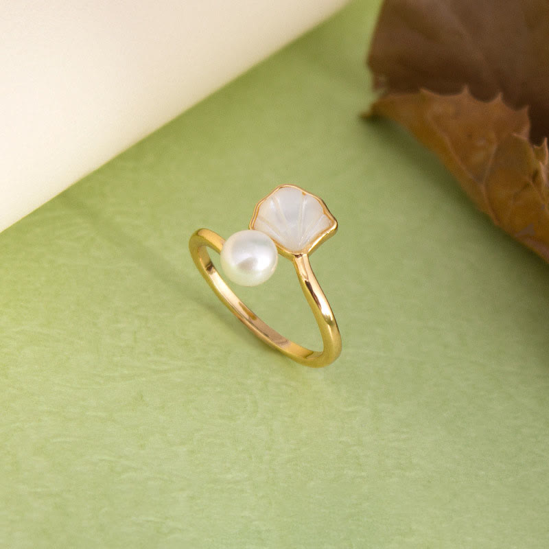 Ginkgo Tridacna Pearl Jewelry Set with Copper Ring Earrings Necklace