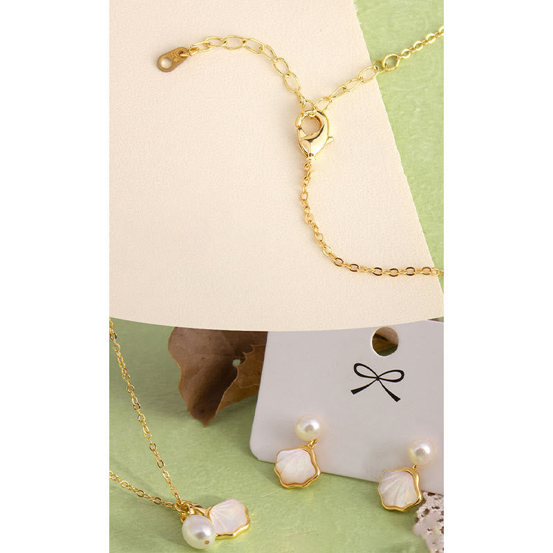 Ginkgo Tridacna Pearl Jewelry Set with Copper Ring Earrings Necklace