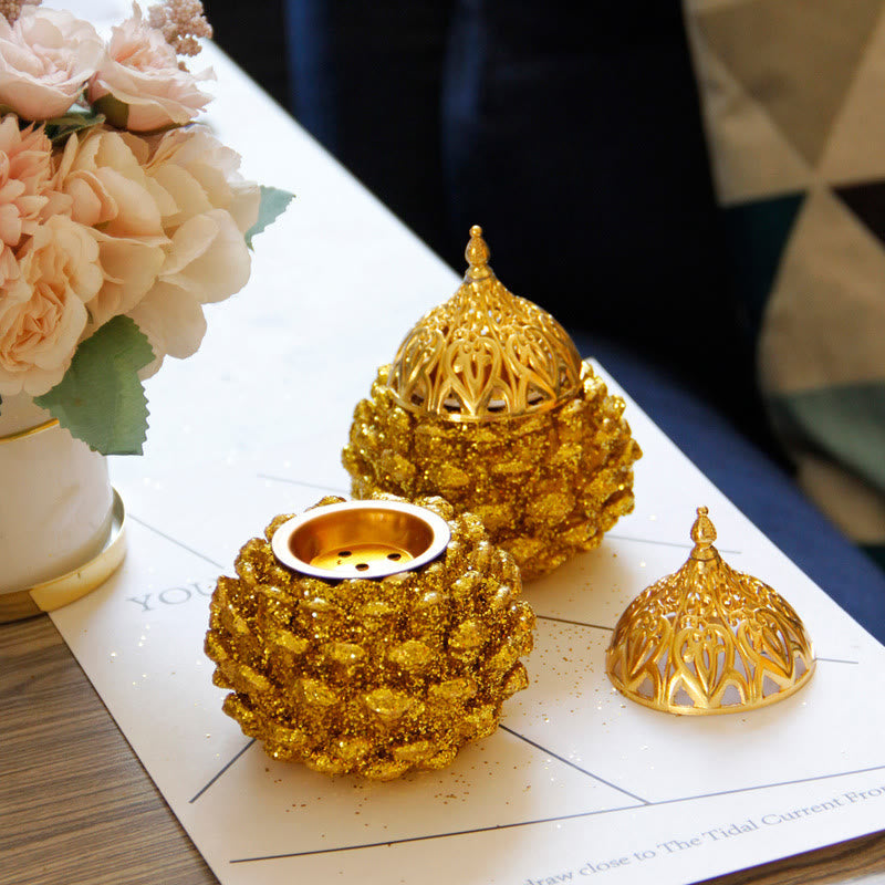 Gold Pine Cone Mini Incense Burner | Spiritual Ritual Decor