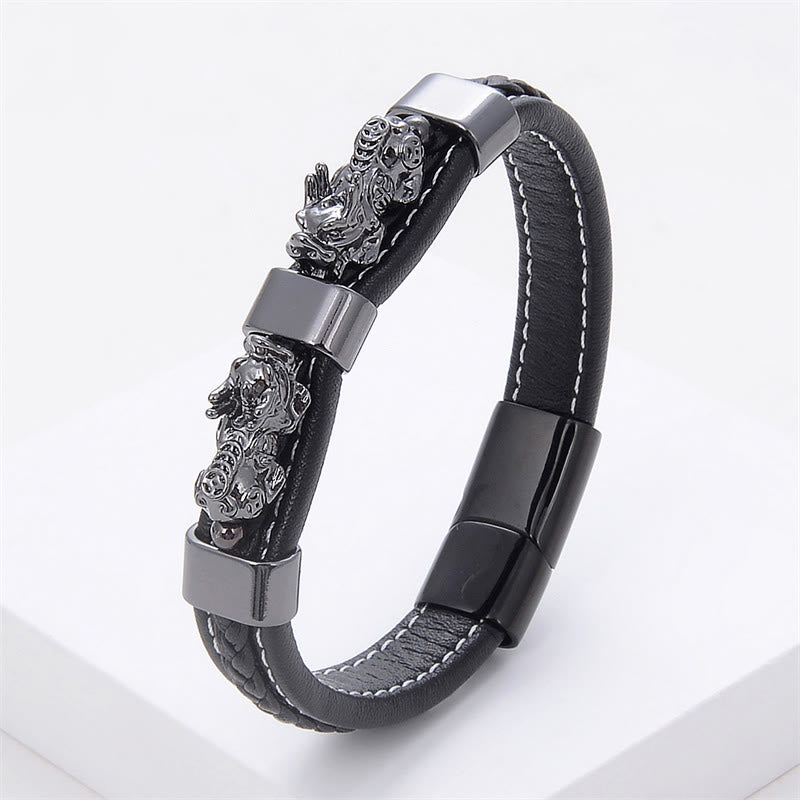 Gold PiXiu Leather Bracelet 18-20cm Magnetic Buckle for Wealth
