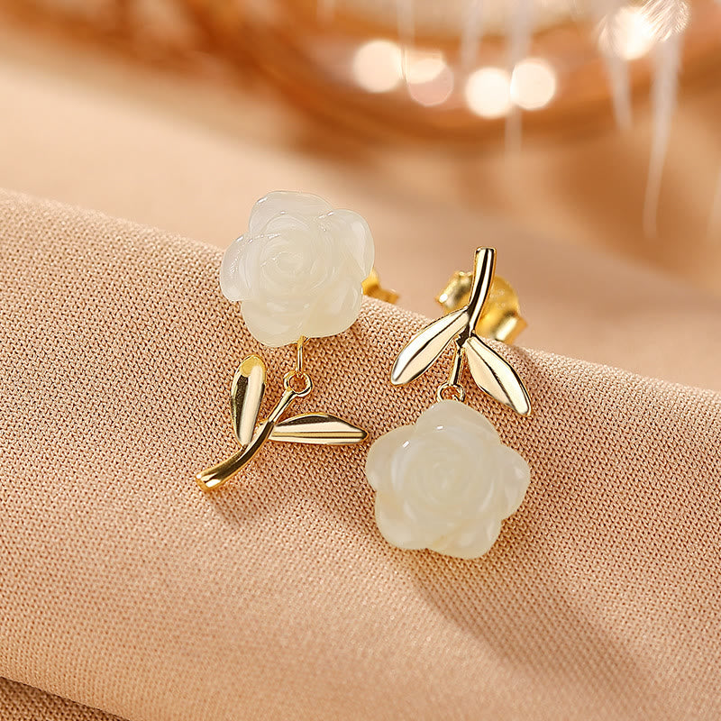 Gold Plated 925 Silver Jade Rose Flower Luck Earrings