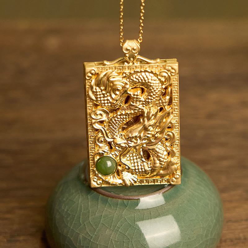 Gold Plated Copper Hetian Jade Dragon Strength Necklace