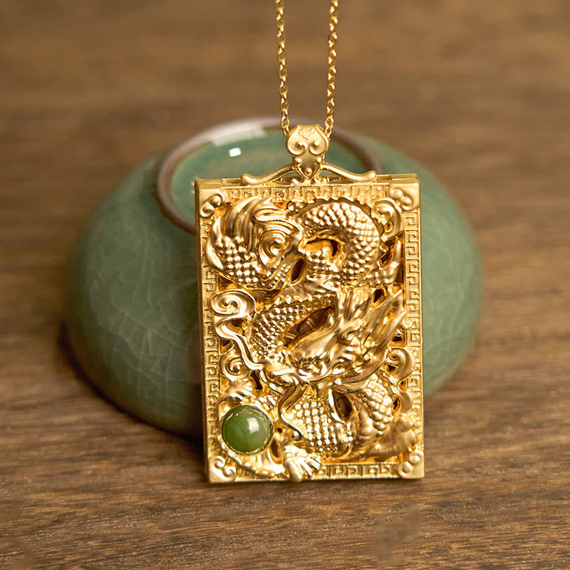 Gold Plated Copper Hetian Jade Dragon Strength Necklace