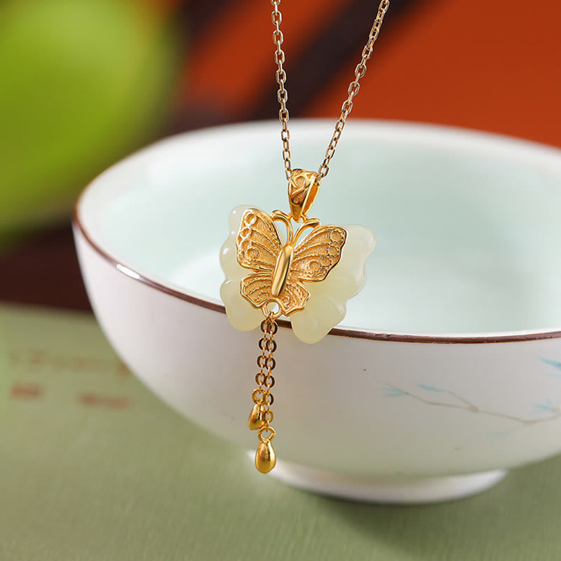 Gold Plated Hetian White Jade Butterfly Blessing Necklace Pendant