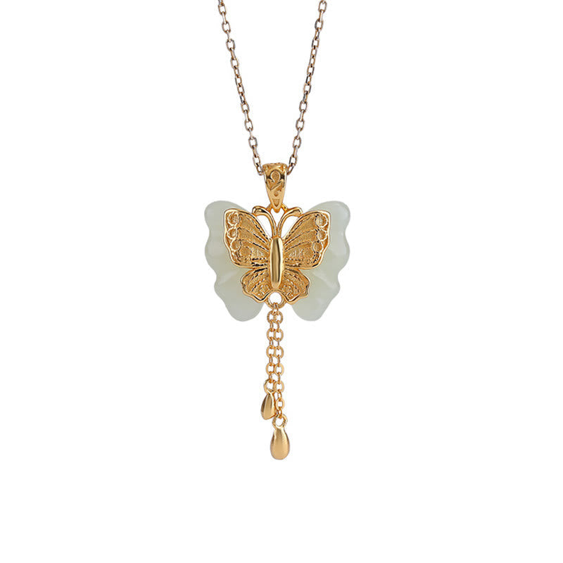 Gold Plated Hetian White Jade Butterfly Blessing Necklace Pendant