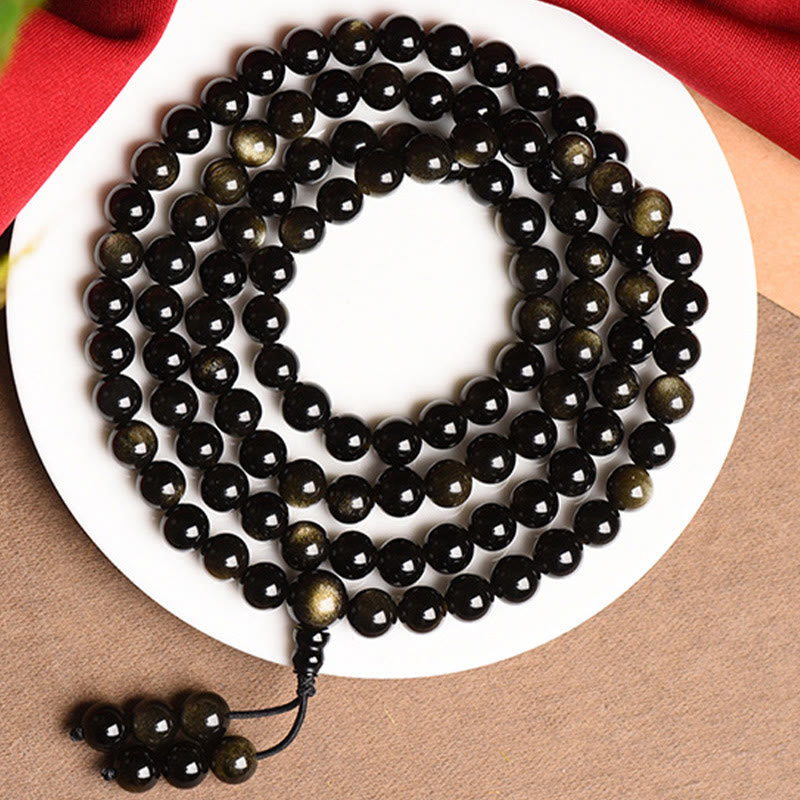 Gold Sheen Obsidian 108 Beads Wealth Mala Bracelet