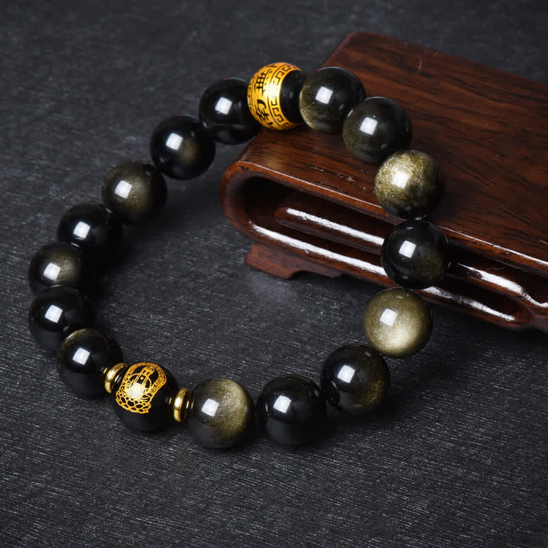 Gold Sheen Obsidian Chinese Zodiac Protection Bracelet 12mm
