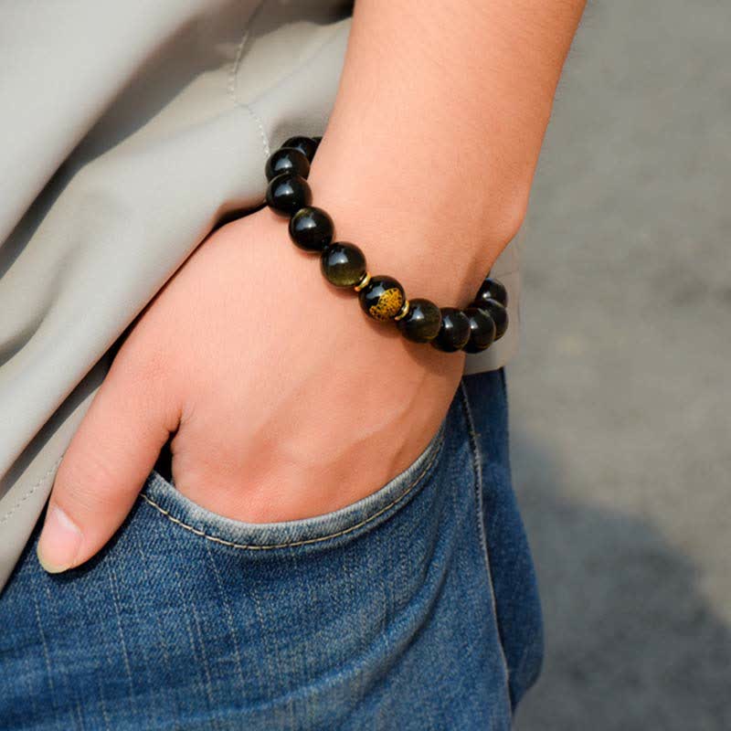 Gold Sheen Obsidian Chinese Zodiac Protection Bracelet 12mm