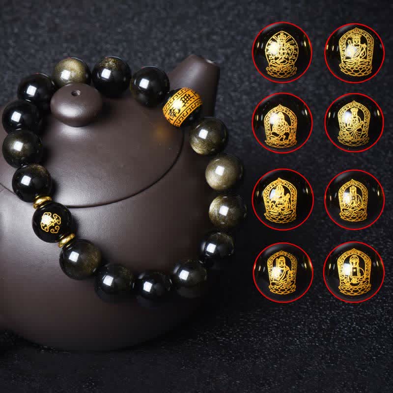 Gold Sheen Obsidian Chinese Zodiac Protection Bracelet 12mm
