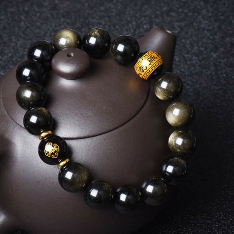 Gold Sheen Obsidian Chinese Zodiac Protection Bracelet 12mm