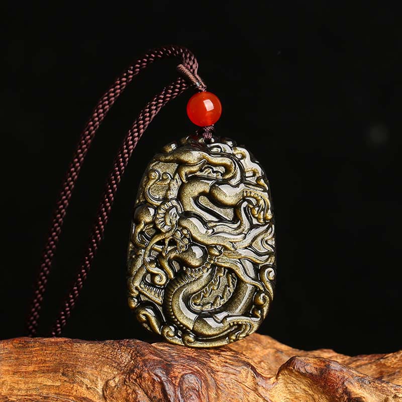 Gold Sheen Obsidian Dragon Necklace for Success & Power