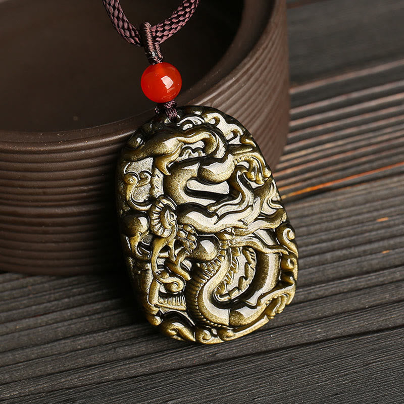 Gold Sheen Obsidian Dragon Necklace for Success & Power