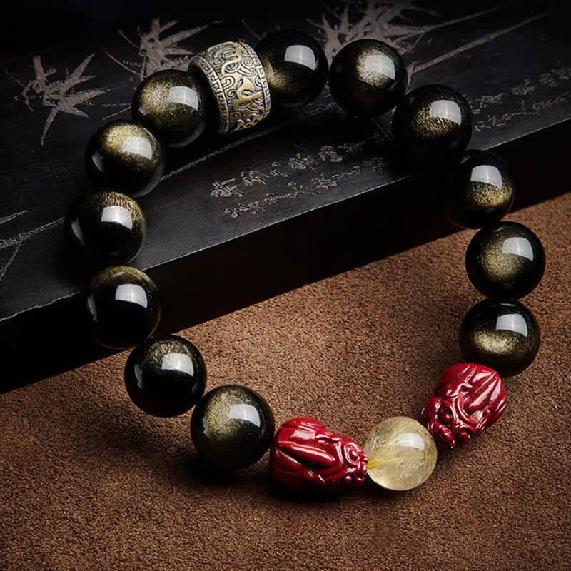 Gold Sheen Obsidian Protection Bracelet PiXiu Cinnabar 15-20cm