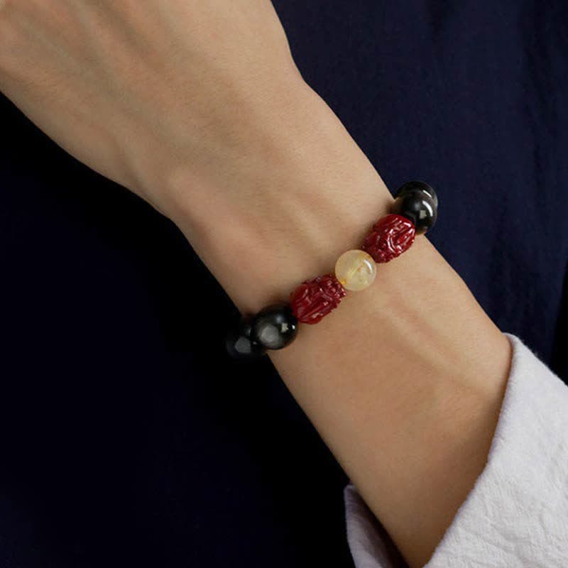 Gold Sheen Obsidian Protection Bracelet PiXiu Cinnabar 15-20cm