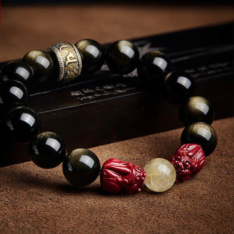 Gold Sheen Obsidian Protection Bracelet PiXiu Cinnabar 15-20cm