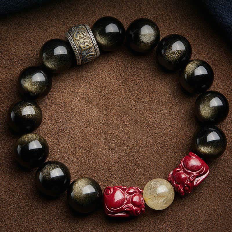 Gold Sheen Obsidian Protection Bracelet PiXiu Cinnabar 15-20cm