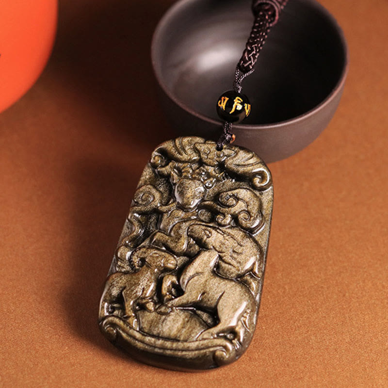 Gold Sheen Obsidian Three Goats Luck Pendant Necklace