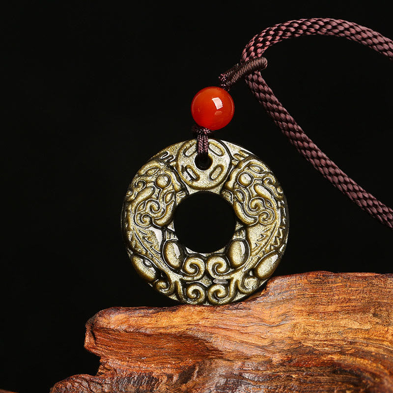 Gold Sheen Obsidian Wealth Necklace with Pixiu & Peace Buckle