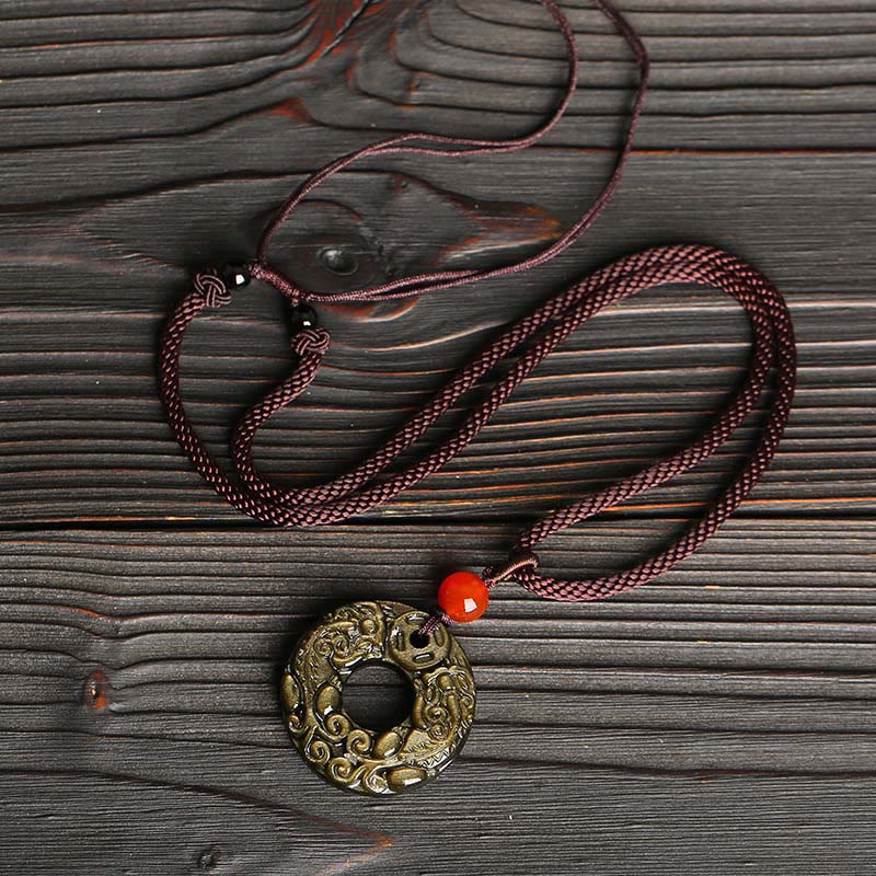 Gold Sheen Obsidian Wealth Necklace with Pixiu & Peace Buckle