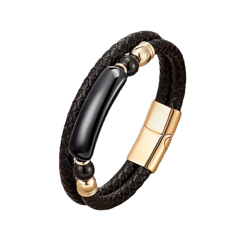 Gold Tiger Eye Leather Bracelet with Magnetic Buckle for Luck & Protection